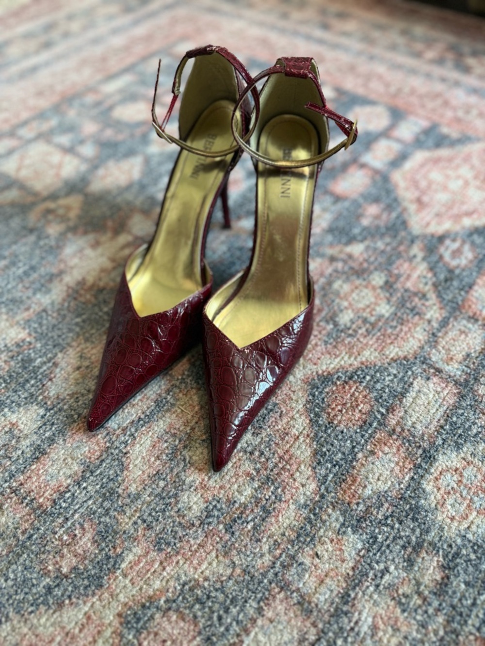 Croc-Embossed Pointed Ankle-Strap Heels in Burgundy